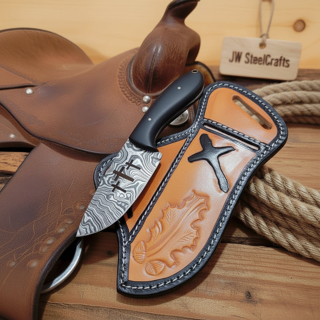 Shadow Cross Ranch Knife 7" Handmade Damascus Black Micarta