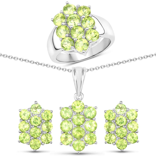 6.80 Carat Genuine Peridot .925 Sterling Silver 3 Piece Jewelry Set (Ring, Earrings, and Pendant w/ Chain)