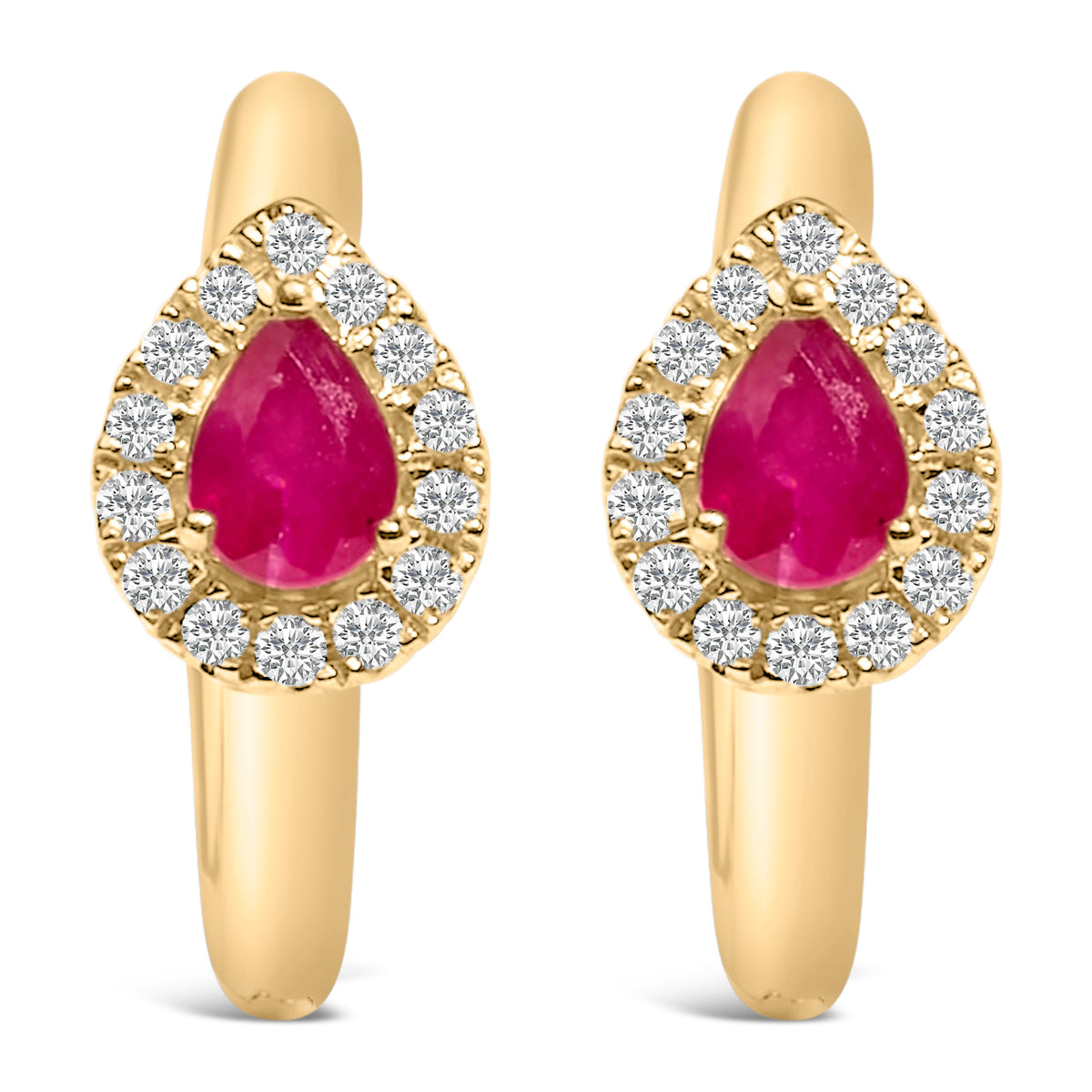 10K Yellow Gold Pear Cut Red Ruby 4x3 mm and 1/10 Cttw Round Diamond Huggy Earrings (I-J Color, I1-I2 Clarity)