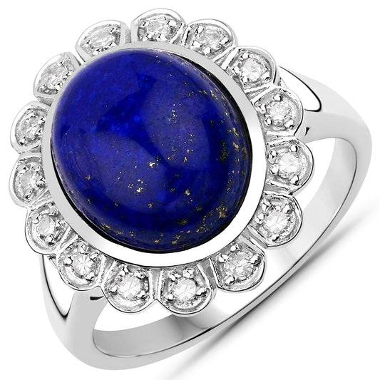 5.65 Carat Genuine Lapis and White Diamond .925 Sterling Silver Ring