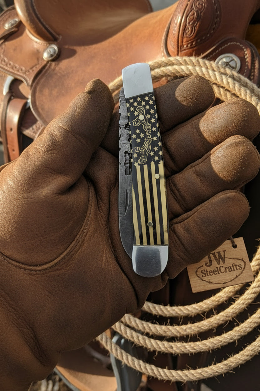 Stars and Stripes Trapper Folding Jack Knife 7" Handmade Damascus with Resin Handle