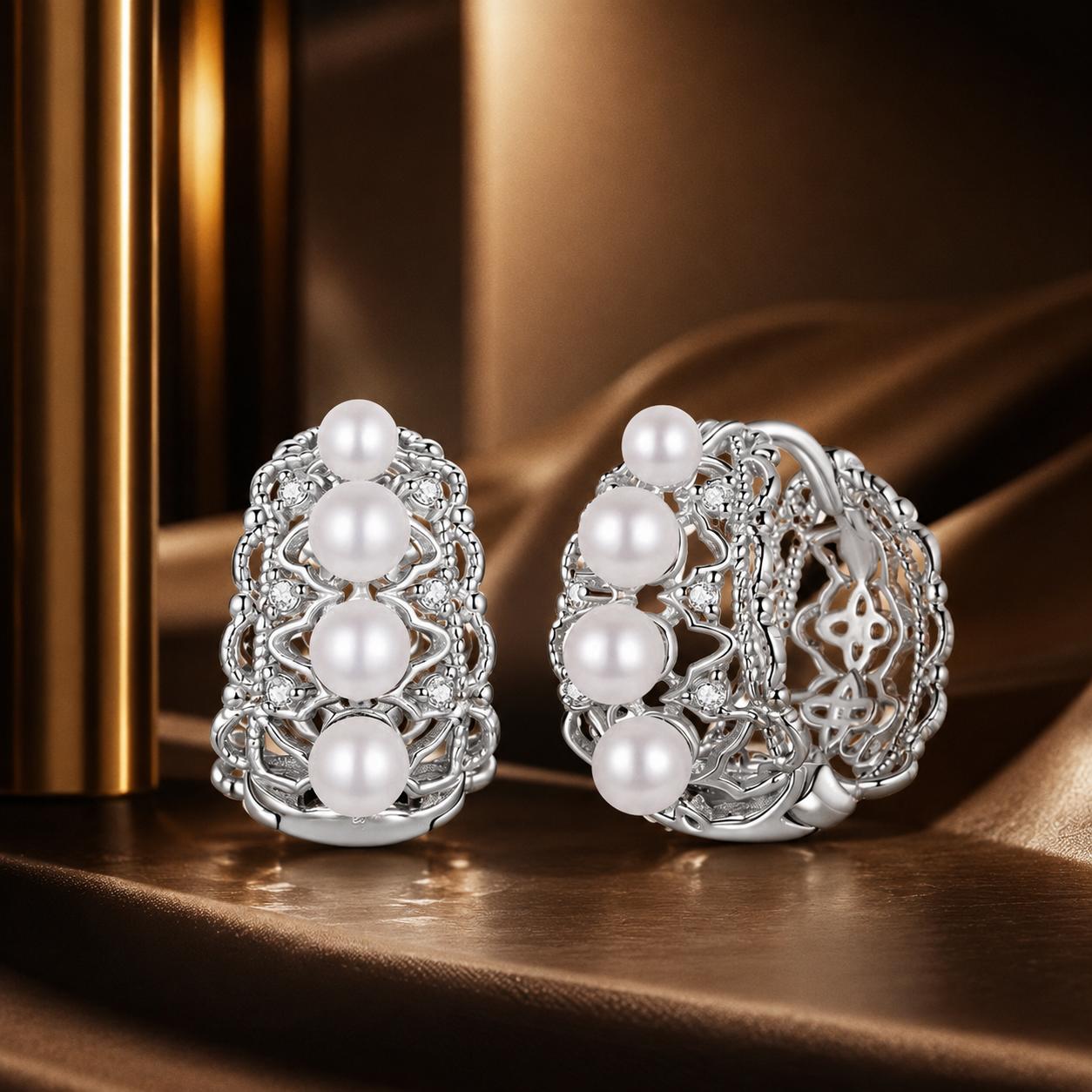 925 Sterling Silver Hoop Earrings with Synthetic Pearl and CZ, 1.1cm for Women