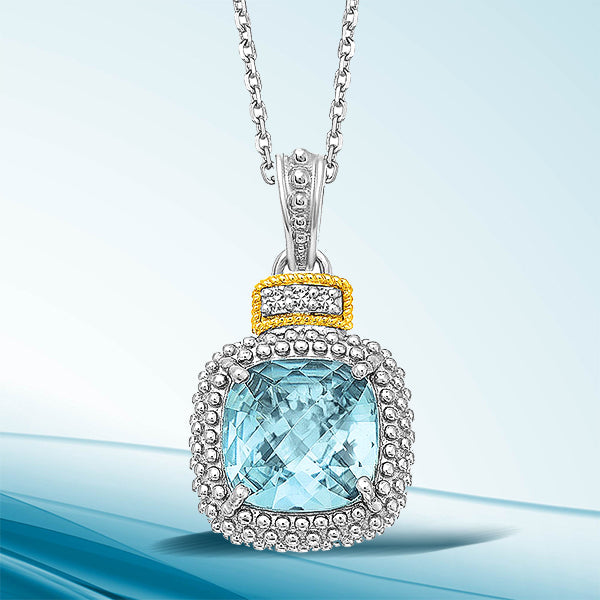 18k Yellow Gold & Sterling Silver Popcorn Sky Blue Topaz and Diamond Pendant