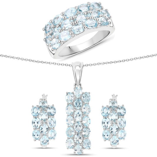 9.88 Carat Genuine Blue Topaz .925 Sterling Silver 3 Piece Jewelry Set (Ring, Earrings, and Pendant w/ Chain)