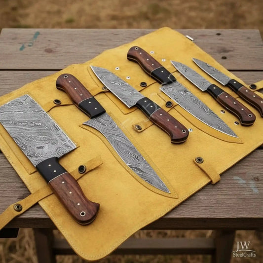 6-Piece Damascus Kitchen Set with Cleaver, Chef, Skinner and Utility Blades, Rosewood and Black Resin Handles