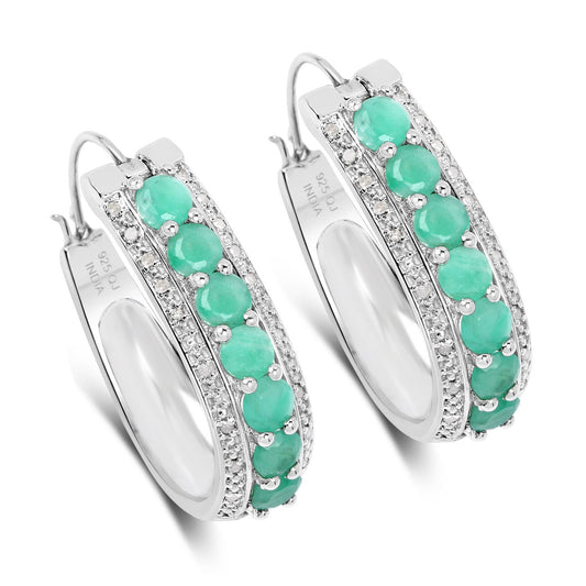 3.42 Carat Genuine Emerald and White Diamond .925 Sterling Silver Earrings