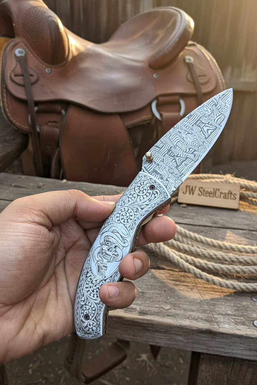 Obsidian Mosaic Folder Knife 8" Handmade Damascus Liner Lock