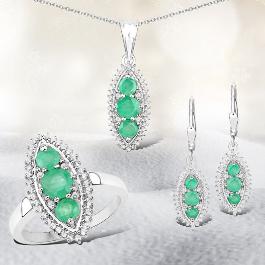 3.52 Carat Genuine Zambian Emerald and White Topaz .925 Sterling Silver 3 Piece Jewelry Set (Ring, Earrings, and Pendant w/ Chain)