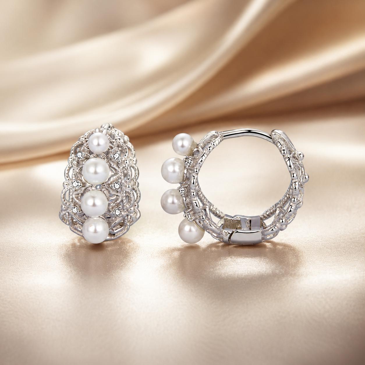 925 Sterling Silver Hoop Earrings with Synthetic Pearl and CZ, 1.1cm for Women