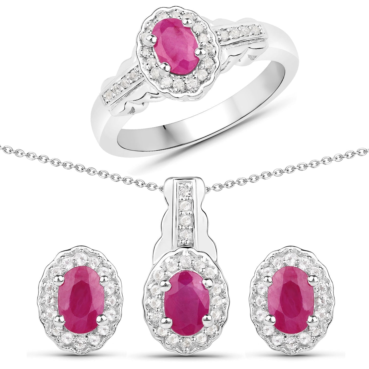 2.46 Carat Genuine Ruby and White Topaz .925 Sterling Silver 3 Piece Jewelry Set (Ring, Earrings, and Pendant w/ Chain)