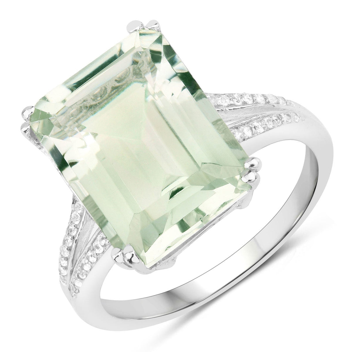 10.64 Carat Genuine Green Amethyst and White Topaz .925 Sterling Silver Ring