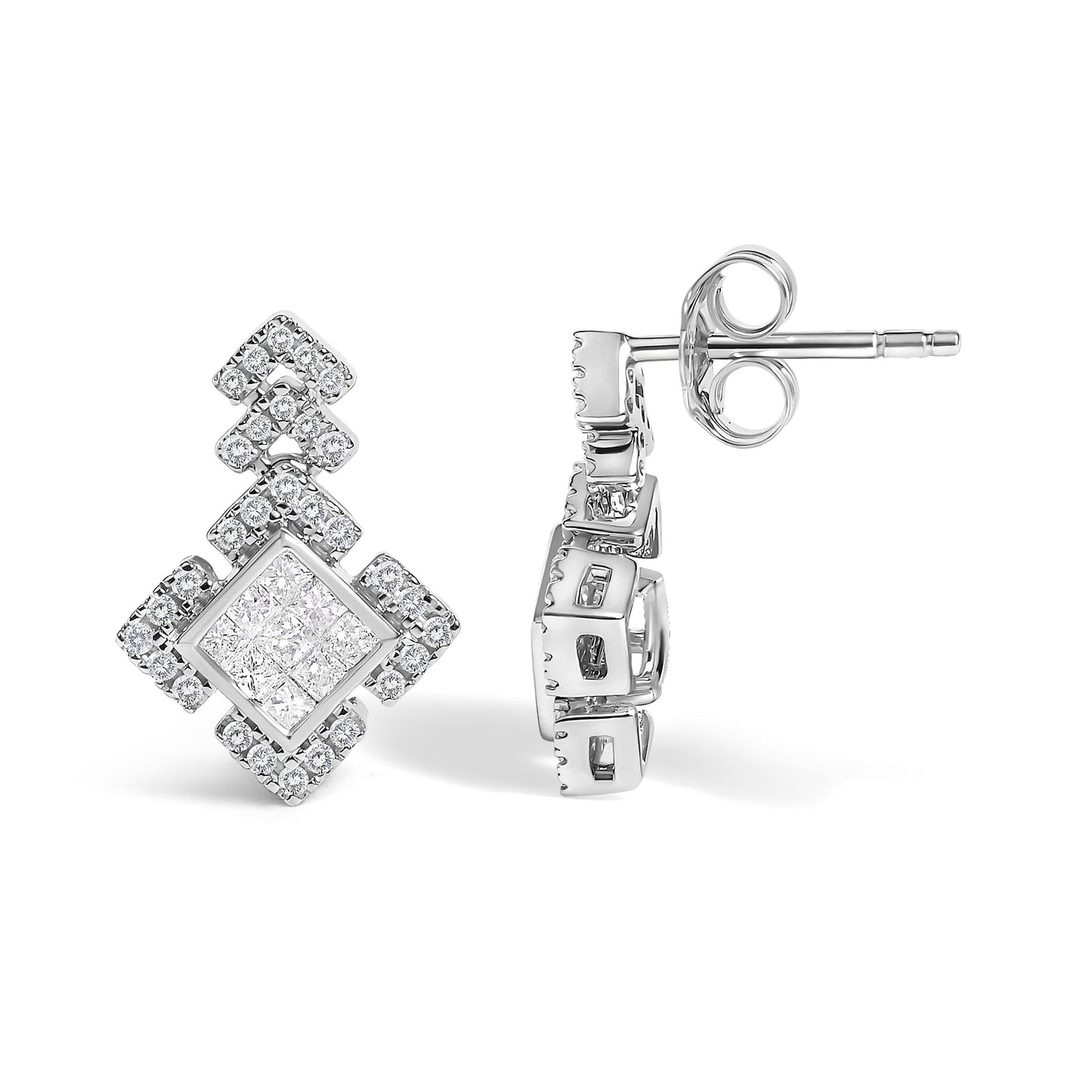 10K White Gold 3/5 Cttw Princess Diamond Geometric Drop Earrings