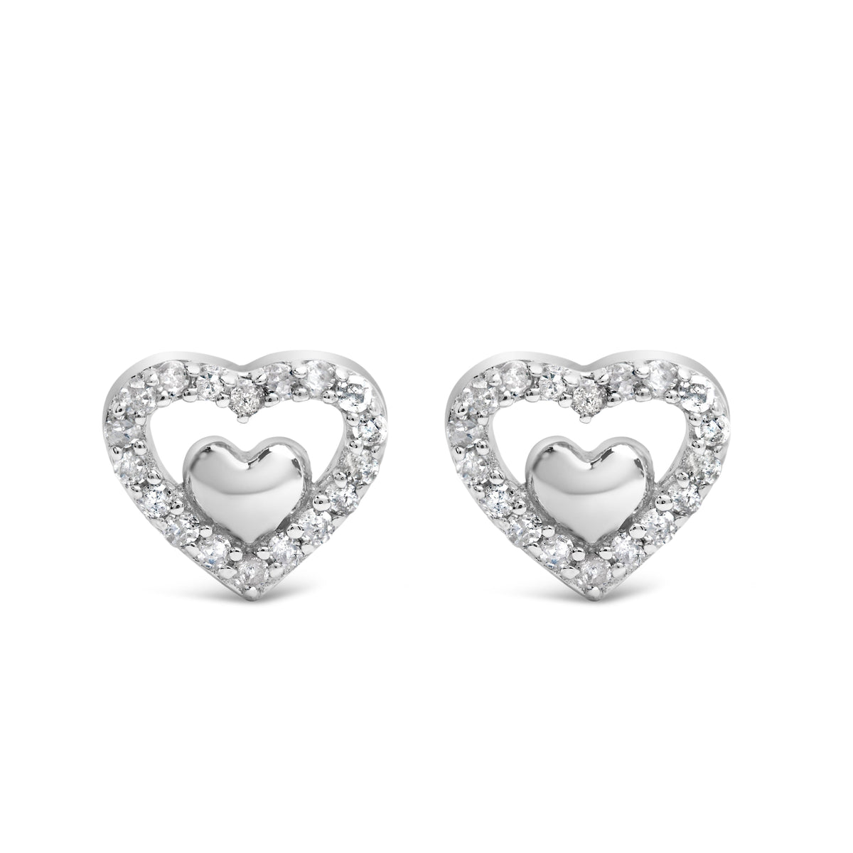 925 Sterling Silver 1/6 Cttw Diamond Open Double Heart Stud Earrings (I-J Color, I3 Clarity)