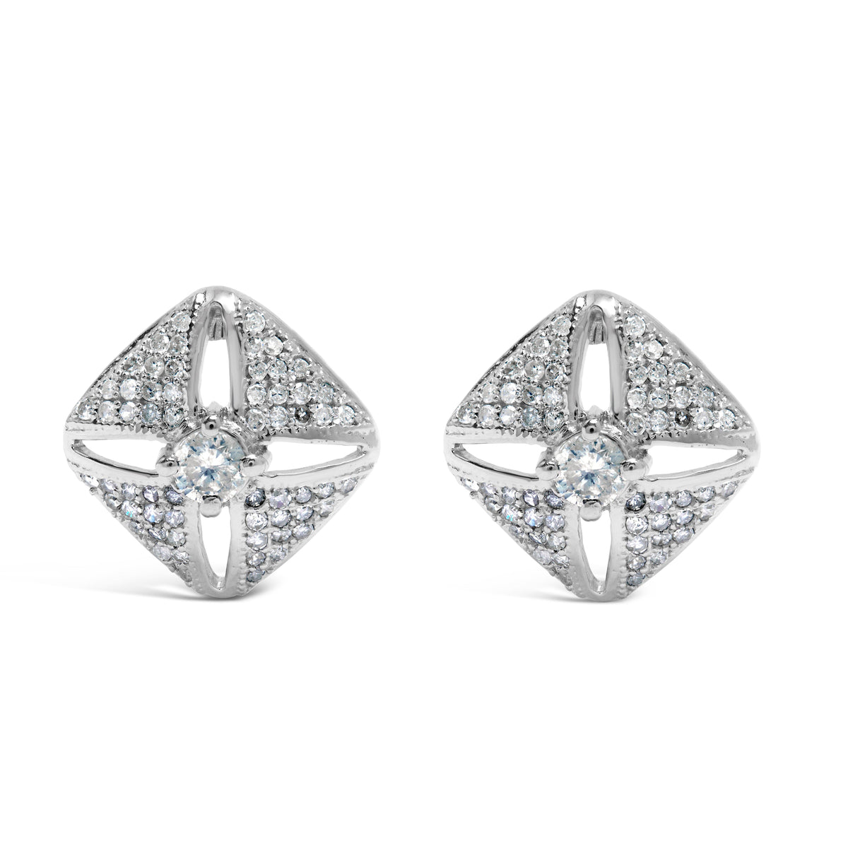 .925 Sterling Silver 1.0 Cttw Diamond Studded Rhombus Stud Earring (H-I Color, I2-I3 Clarity)