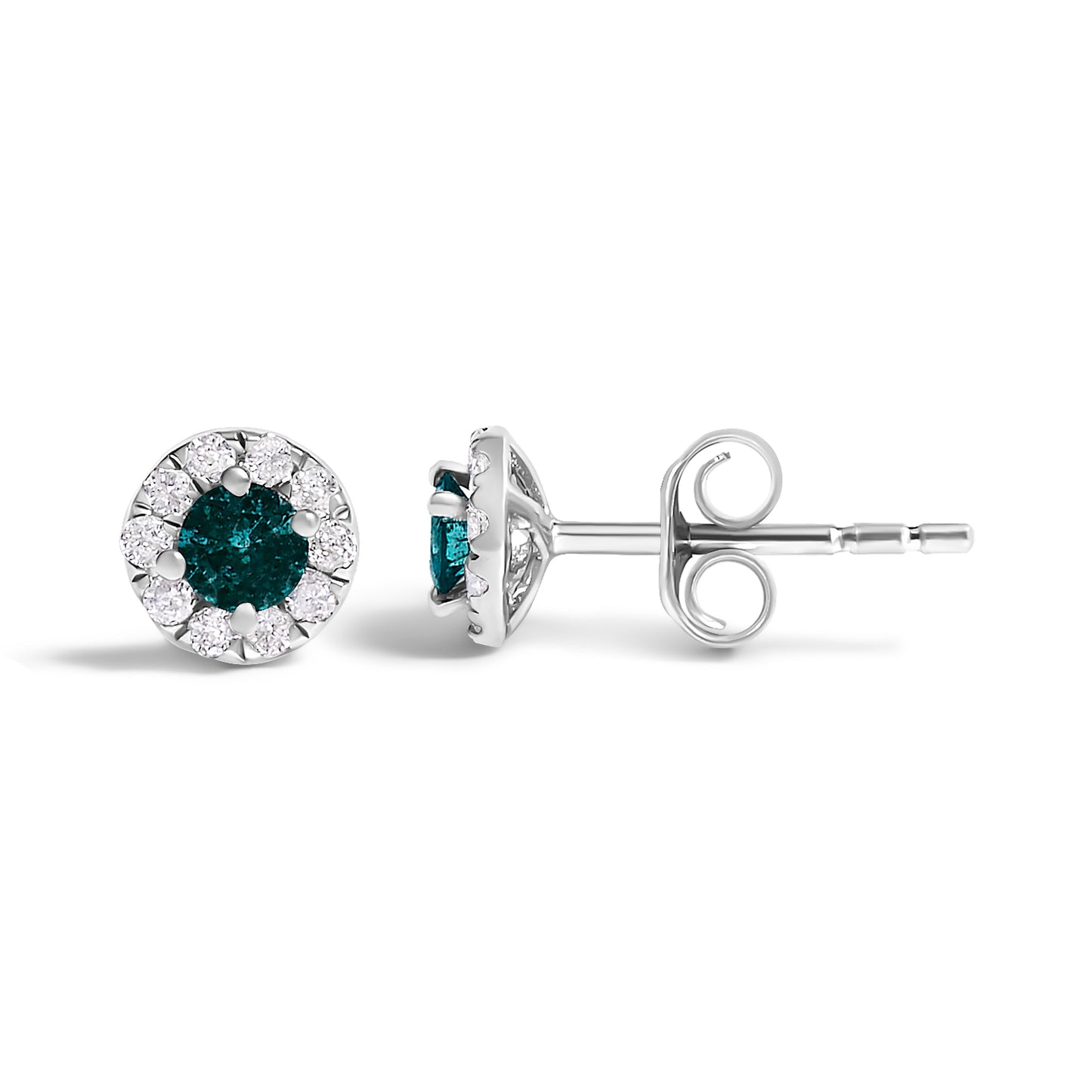 .925 Sterling Silver 1/3 Cttw White and Blue Diamond Halo Stud Earring