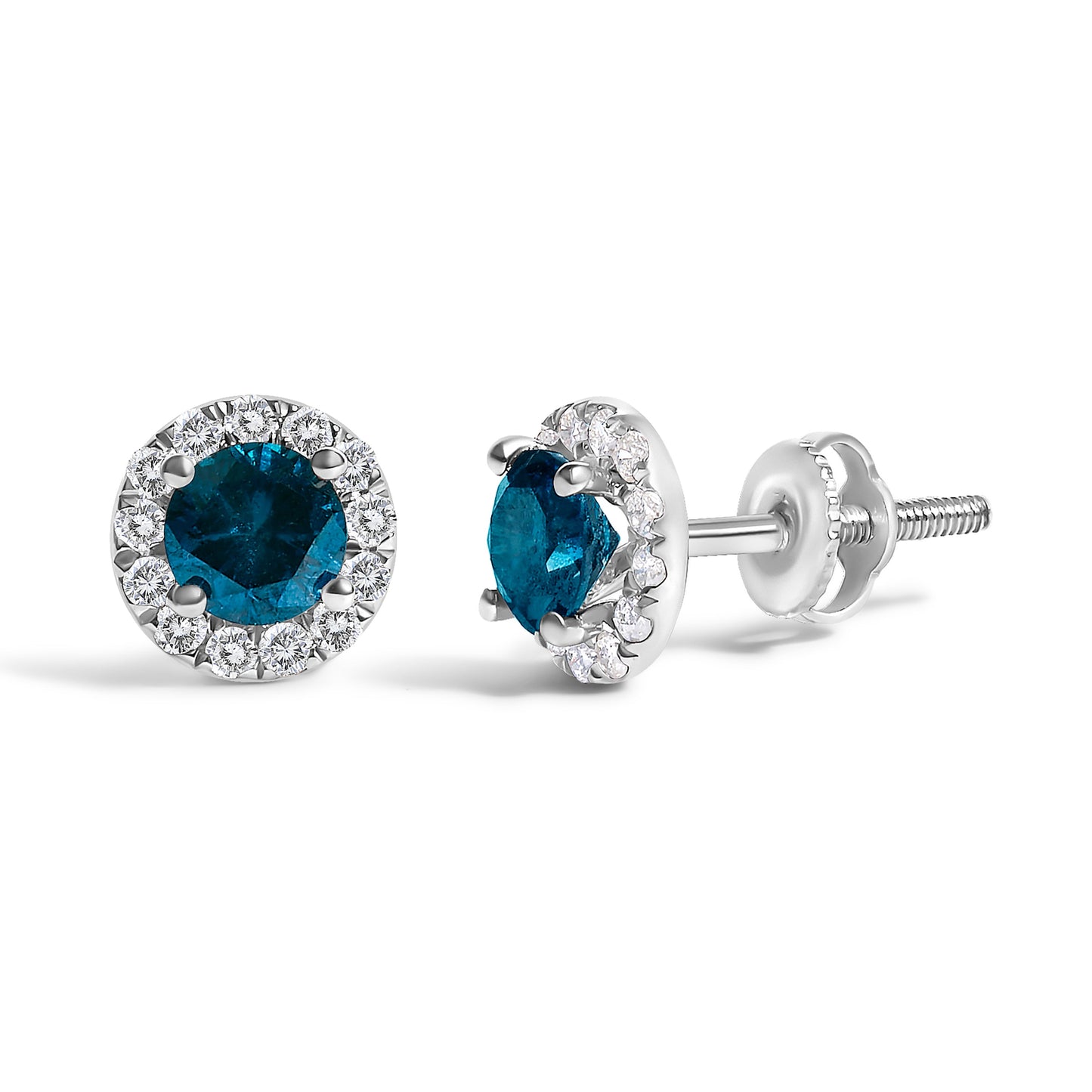 .925 Sterling Silver 1.00 Cttw Blue Diamond Halo Stud Earring