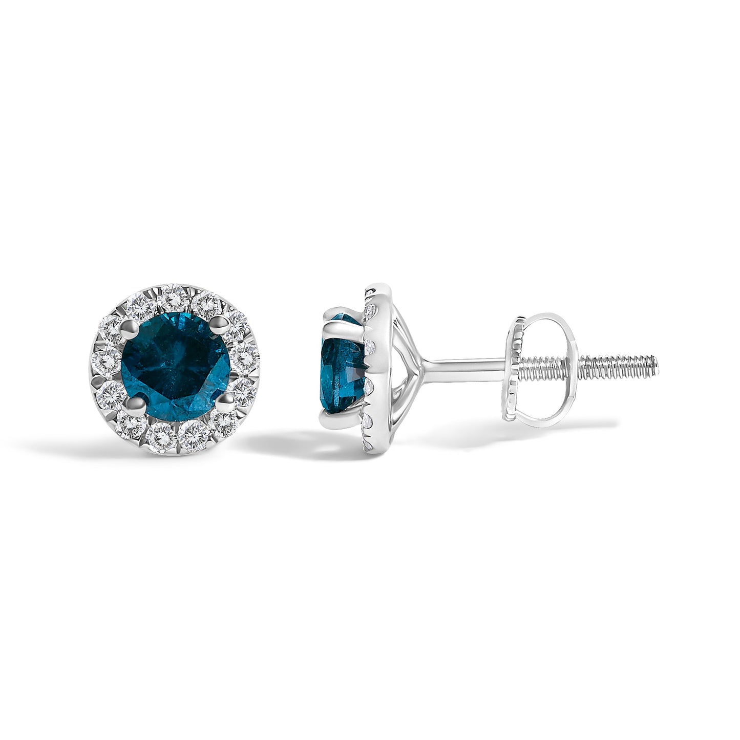 .925 Sterling Silver 1.00 Cttw Blue Diamond Halo Stud Earring