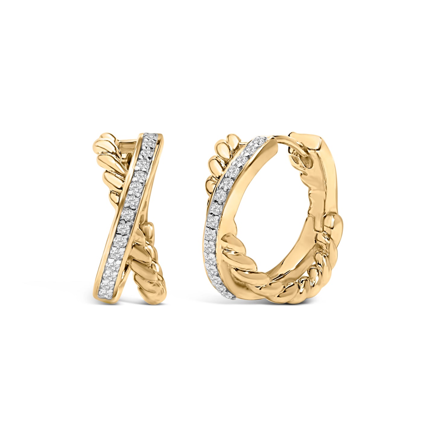 14K Yellow Gold Plated Sterling Silver 1/5 Cttw Diamond Twisted Design Hoop Earrings