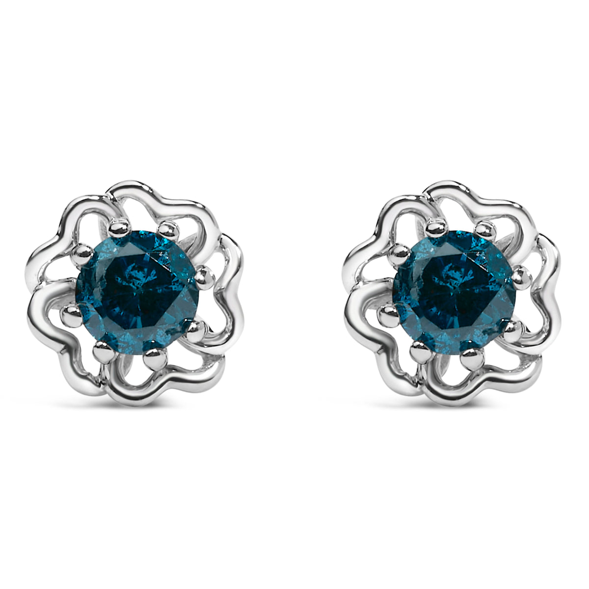 .925 Sterling Silver 1/2 Cttw Blue Diamond with Openwork Floral Halo Stud Earrings