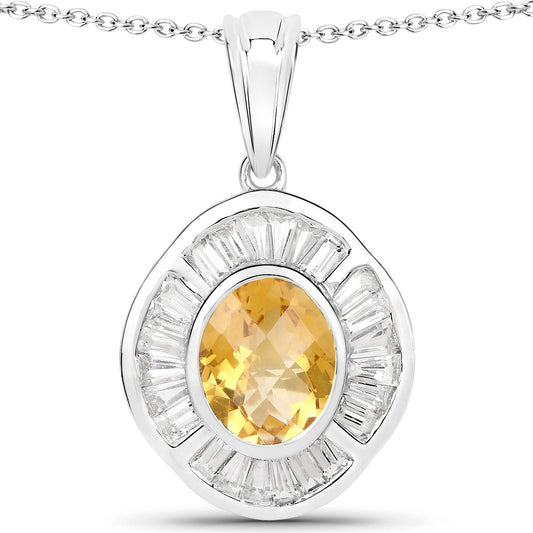 4.18 Carat Genuine Citrine and White Topaz .925 Sterling Silver Pendant