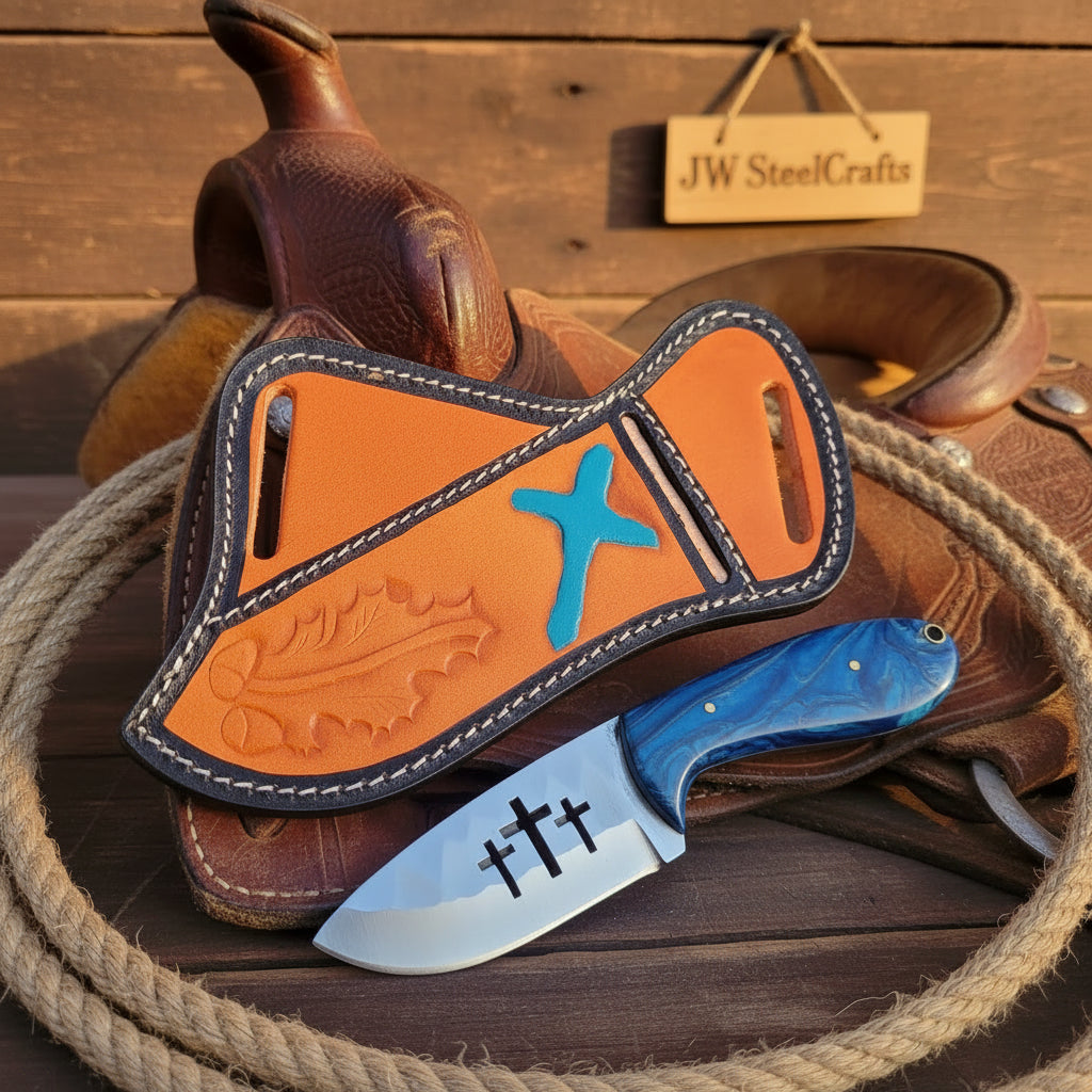 Triple Cross Ranch Knife 6" Handmade Blue Pinecone Handle Engraved