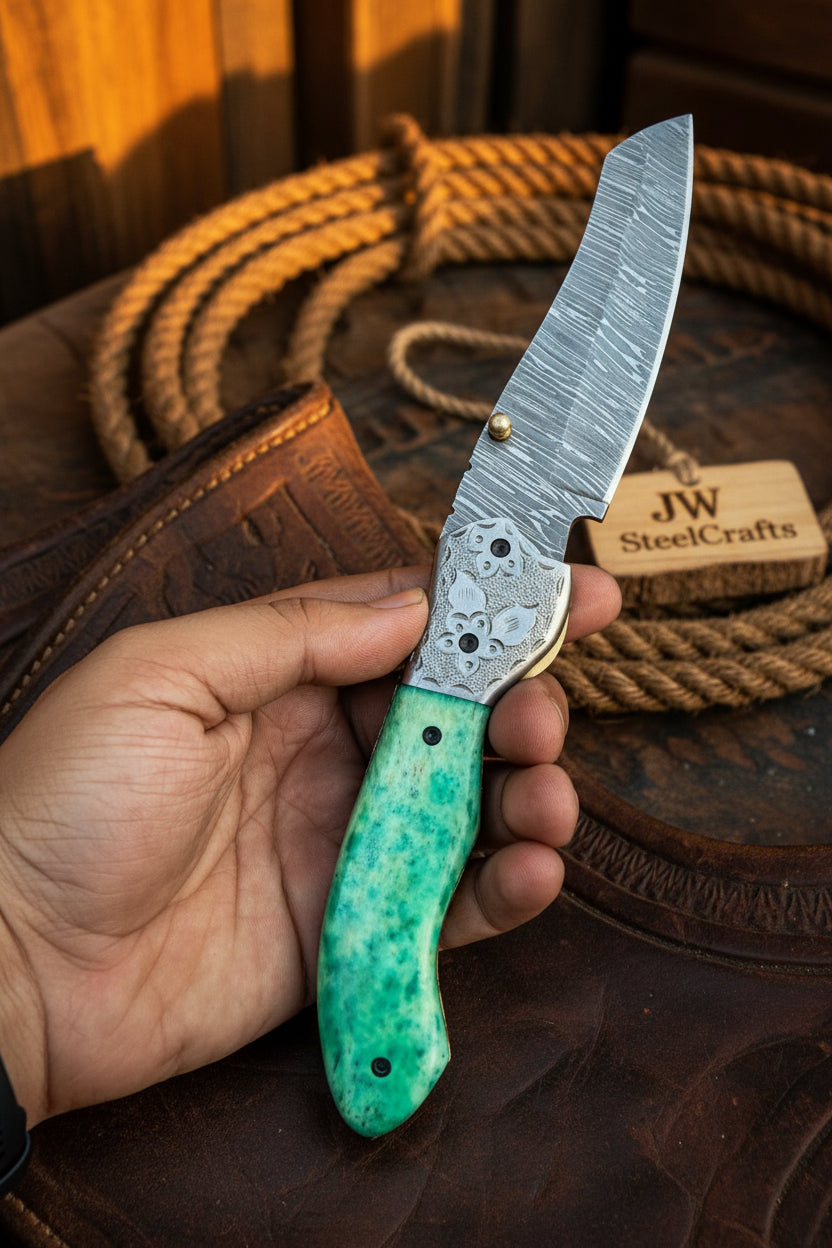 Jadeline Damascus Folder 7" Handmade Turquoise-Green Resin Handle