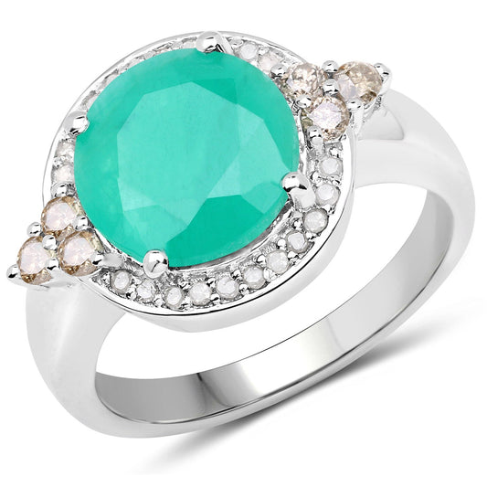 3.51 Carat Genuine Emerald, Champagne Diamond and White Diamond .925 Sterling Silver Ring