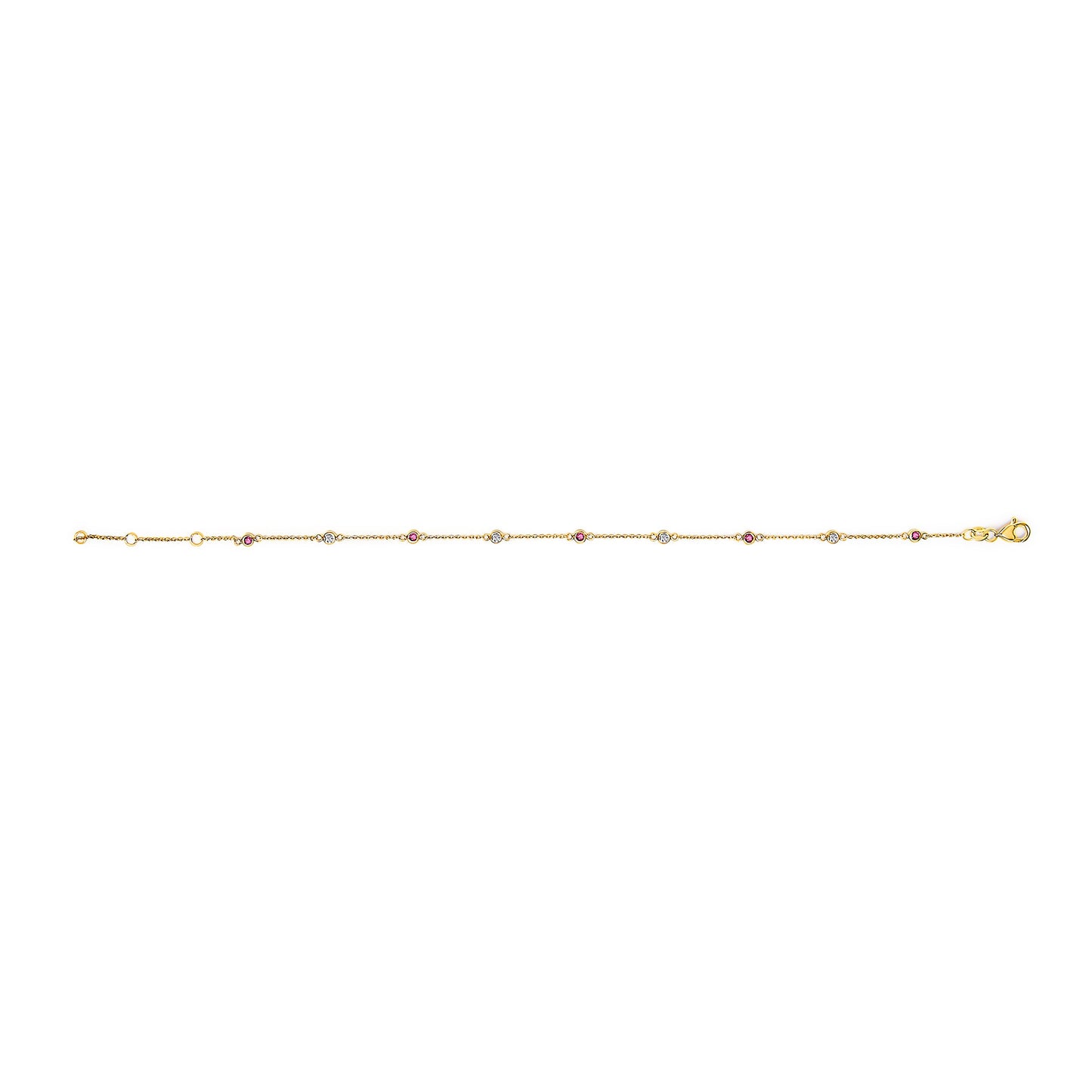 14K Yellow Gold Alternating Red Ruby and White Diamond Bezel Station Chain Bracelet (I-J Color, SI2-I1 Clarity) - 8" Inches