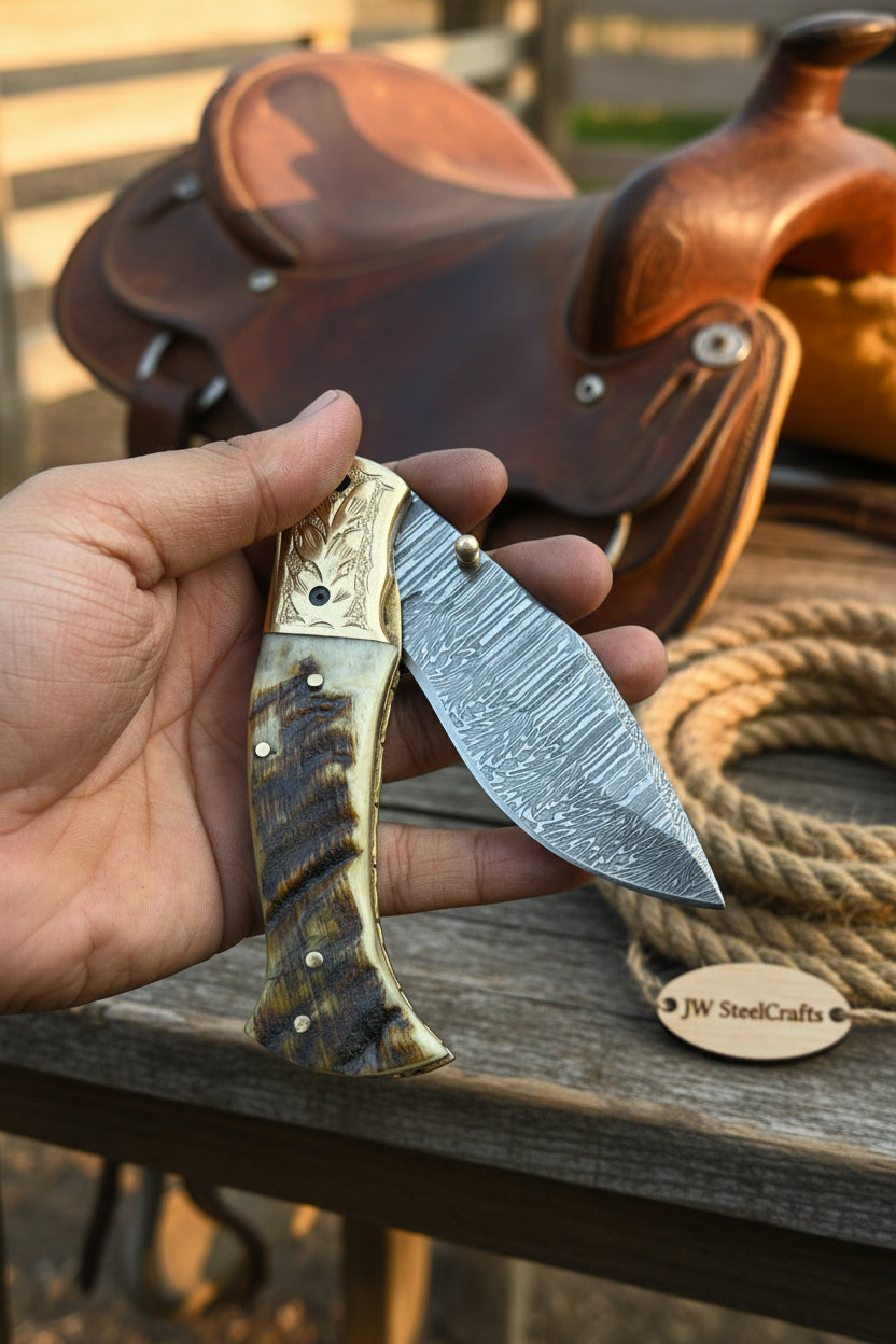 Stagline Damascus Folder 7" Handmade Horn Handle Damascus Bolster