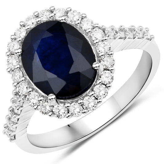 3.70 Carat Genuine Blue Sapphire and White Diamond 14K White Gold Ring