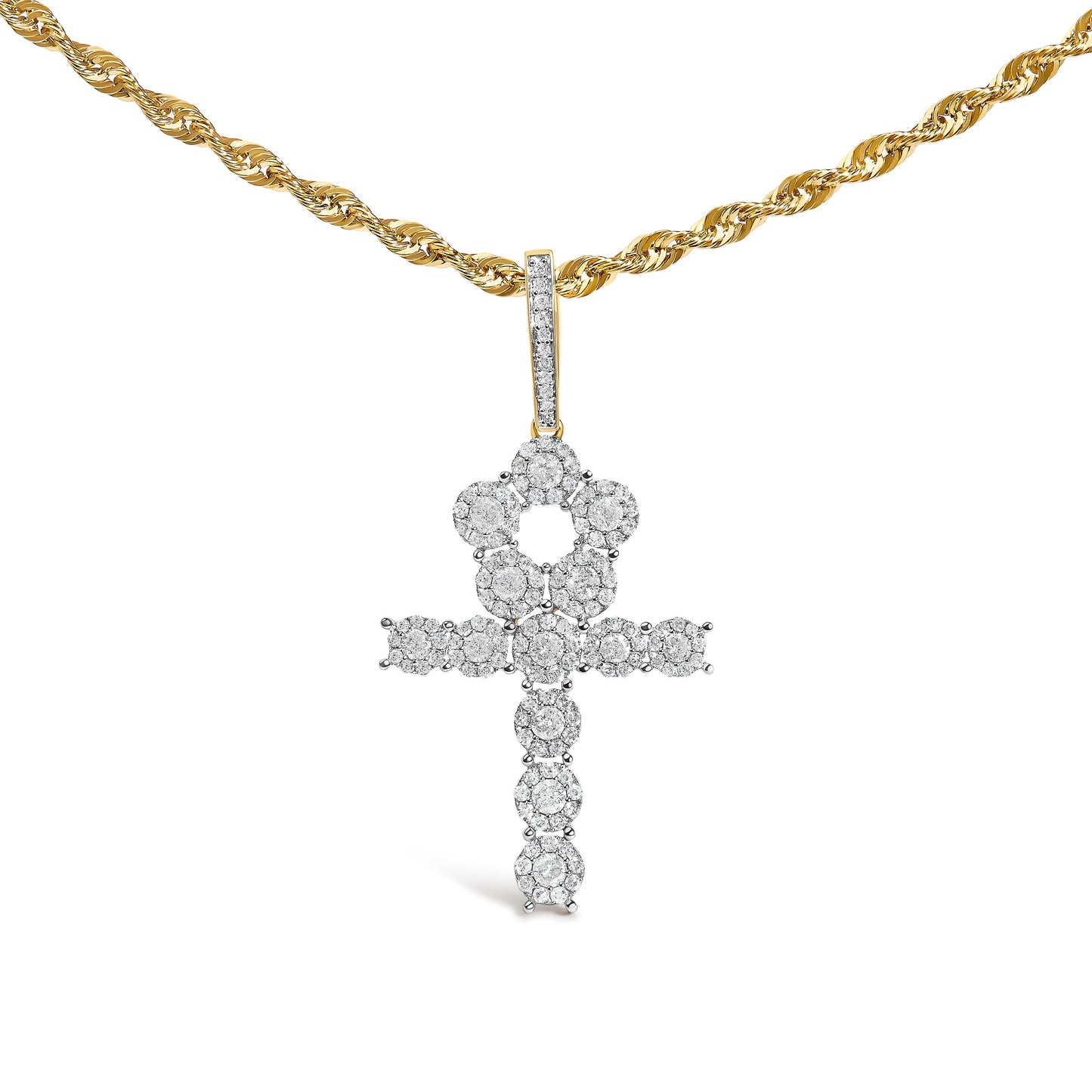 Men's 10K Yellow Gold 1 3/4 Cttw Diamond Cluster Ankh Cross Pendant Necklace - 18" Inches
