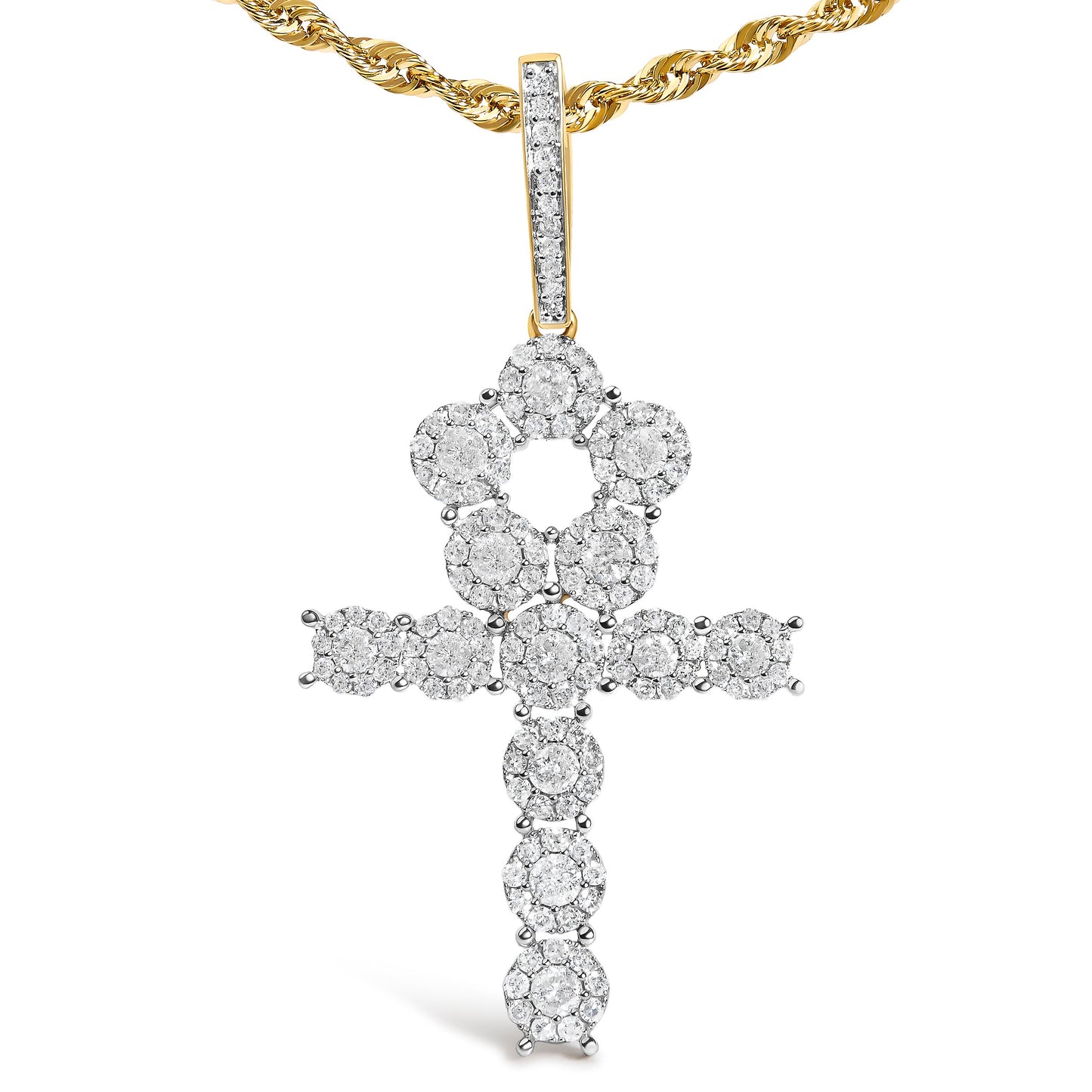 Men's 10K Yellow Gold 1 3/4 Cttw Diamond Cluster Ankh Cross Pendant Necklace - 18" Inches