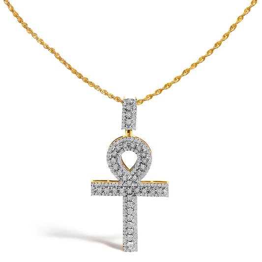 Men's 10K Yellow Gold 1.00 Cttw Diamond Ankh Cross Pendant Necklace