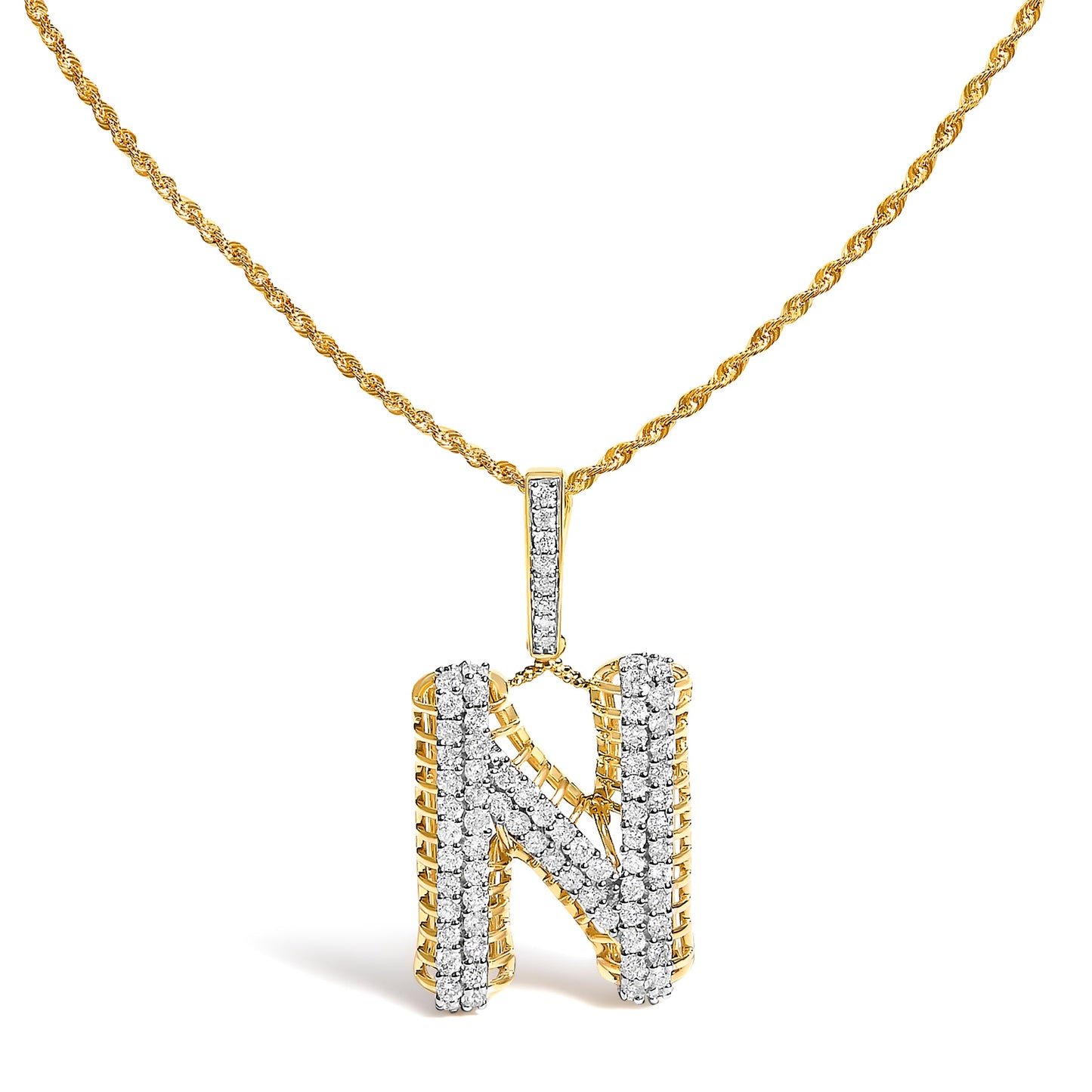 Men's 10K Yellow Gold 1 1/2 Cttw Diamond Letter N Initial Pendant Necklace