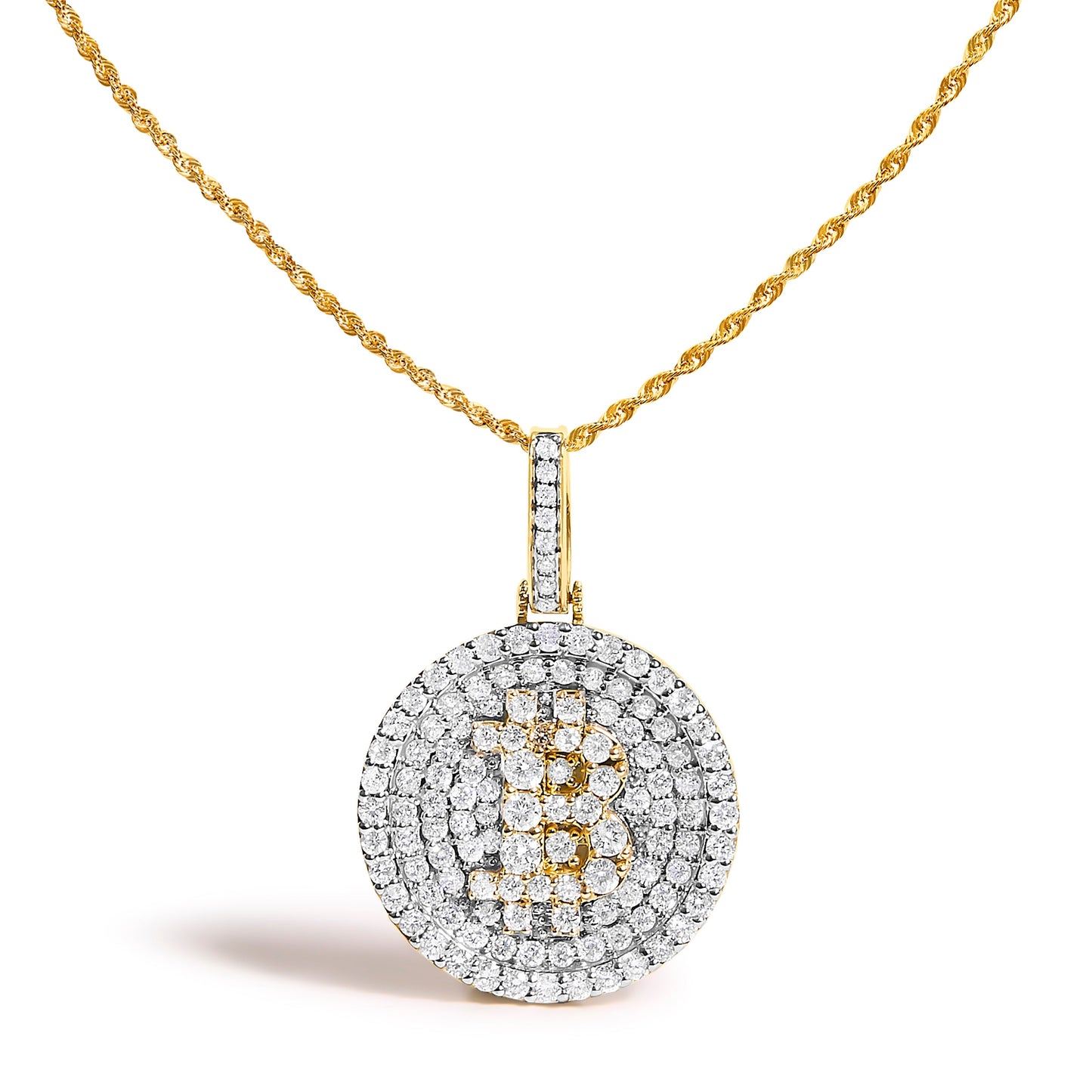 10K Yellow Gold 2-1/3 Cttw Diamond Bitcoin Letter B Pendant Necklace