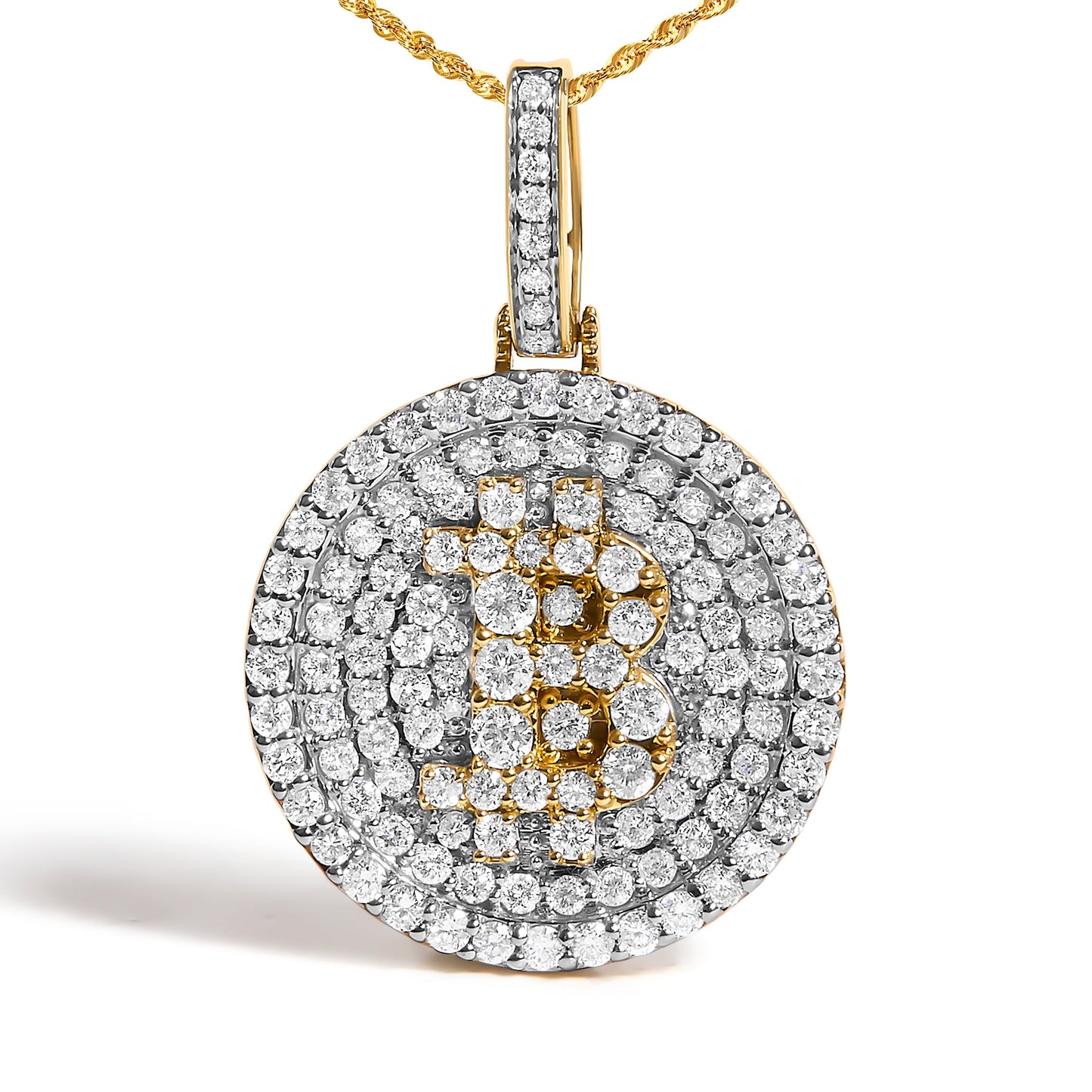 10K Yellow Gold 2-1/3 Cttw Diamond Bitcoin Letter B Pendant Necklace