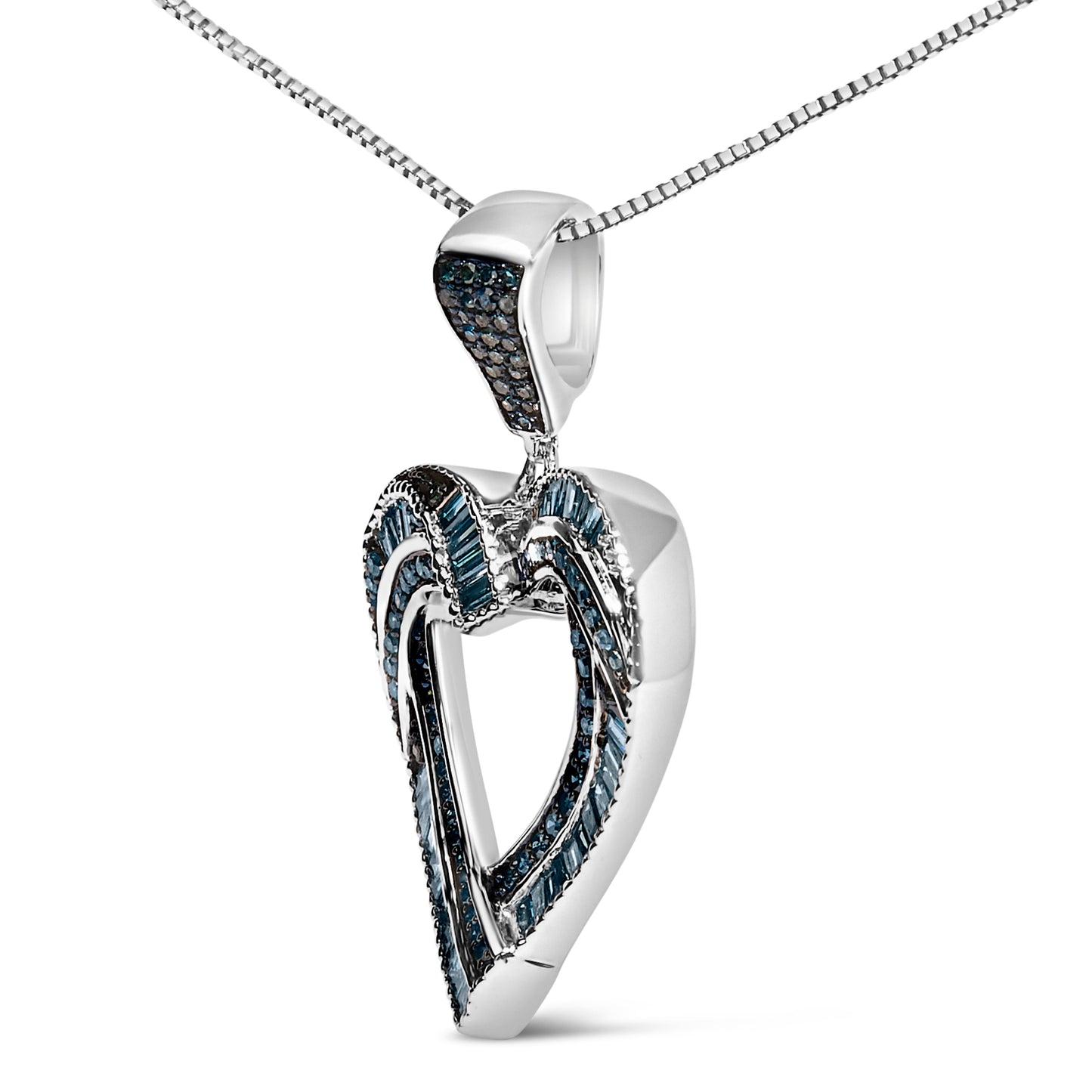 .925 Sterling Silver 1.00 Cttw Baguette and Round Blue Diamond Open Heart Pendant Necklace