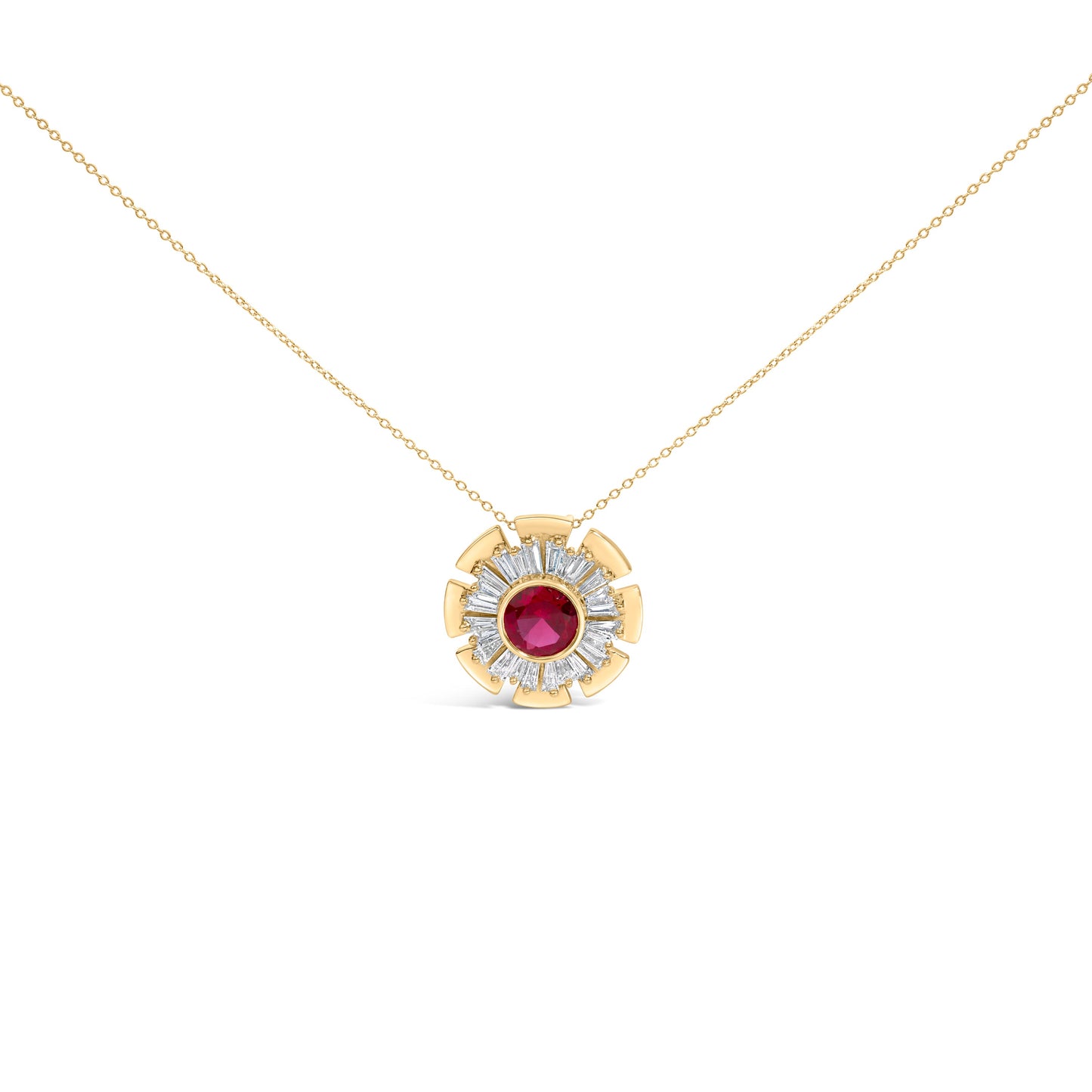 14K Yellow Gold Plated Silver Created Red Ruby and Diamond Baguette Medallion Pendant Necklace