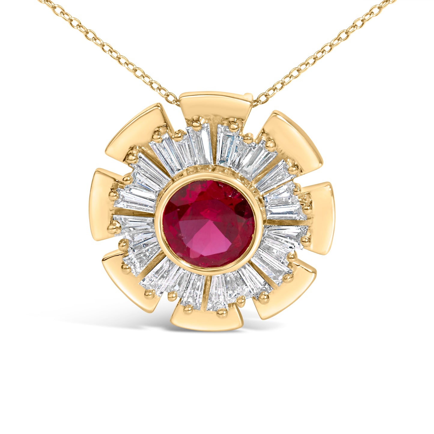14K Yellow Gold Plated Silver Created Red Ruby and Diamond Baguette Medallion Pendant Necklace