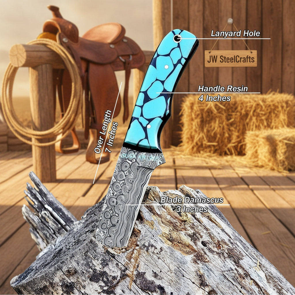 Mosaic Range Bull Cutter Knife 7" Handmade Turquoise Inlay Resin Handle