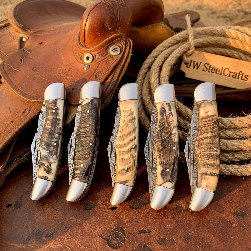 Trailfold Stag Pocket Knife Set 8" Handmade Set of 5 Folding Knives