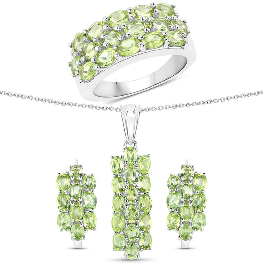 8.84 Carat Genuine Peridot .925 Sterling Silver 3 Piece Jewelry Set (Ring, Earrings, and Pendant w/ Chain)