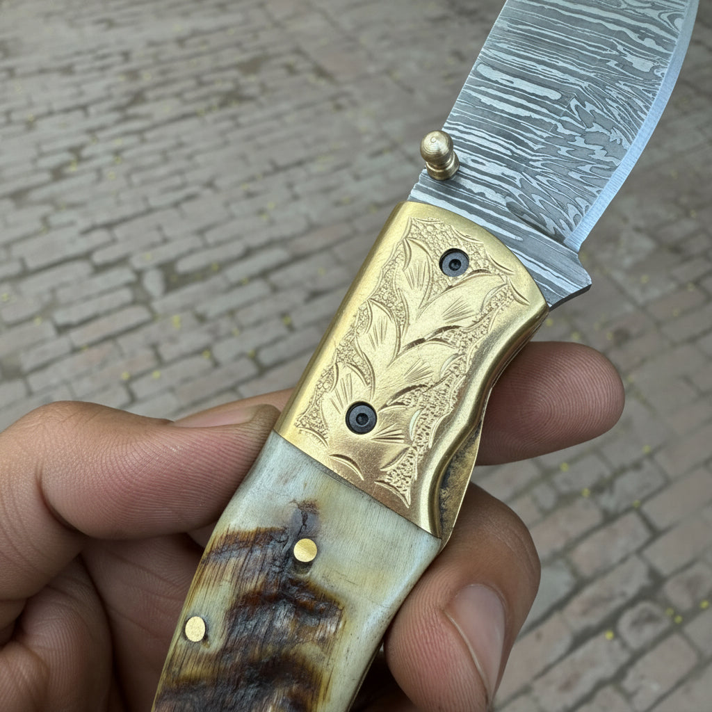 Stagline Damascus Folder 7" Handmade Horn Handle Damascus Bolster