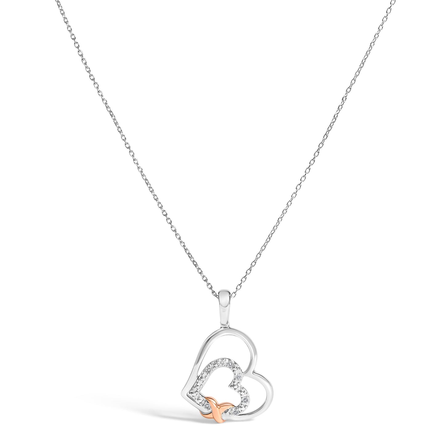 .925 Sterling Silver Double Heart Pendant Necklace with Diamond and 10K Rose Gold Accent