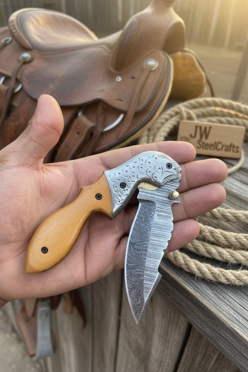 Honeywood Hawkbill Folder Knife 8" Handmade Wood Handle Damascus Blade