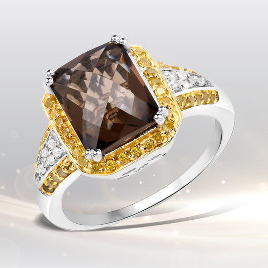 3.48 Carat Genuine Smoky Quartz, Yellow Diamond and White Diamond .925 Sterling Silver Ring