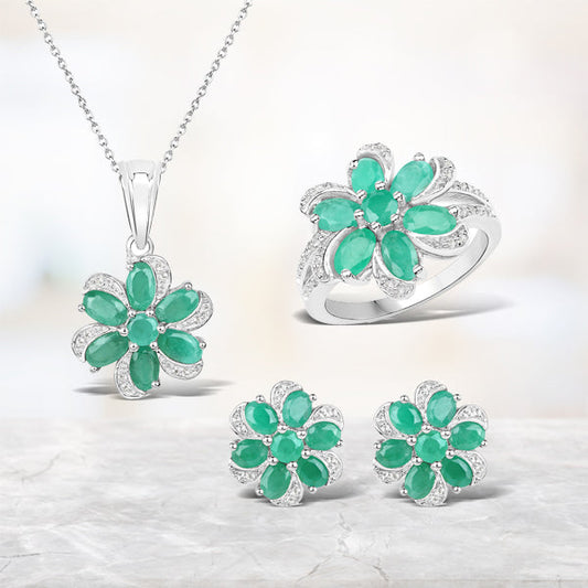 7.84 Carat Genuine Emerald and White Topaz .925 Sterling Silver 3 Piece Jewelry Set (Ring, Earrings, and Pendant w/ Chain)