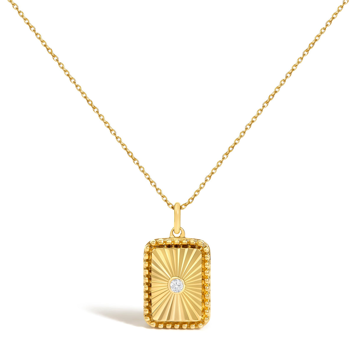 14K Yellow Gold Diamond Accent Rectangular Fluted Medallion Pendant Necklace