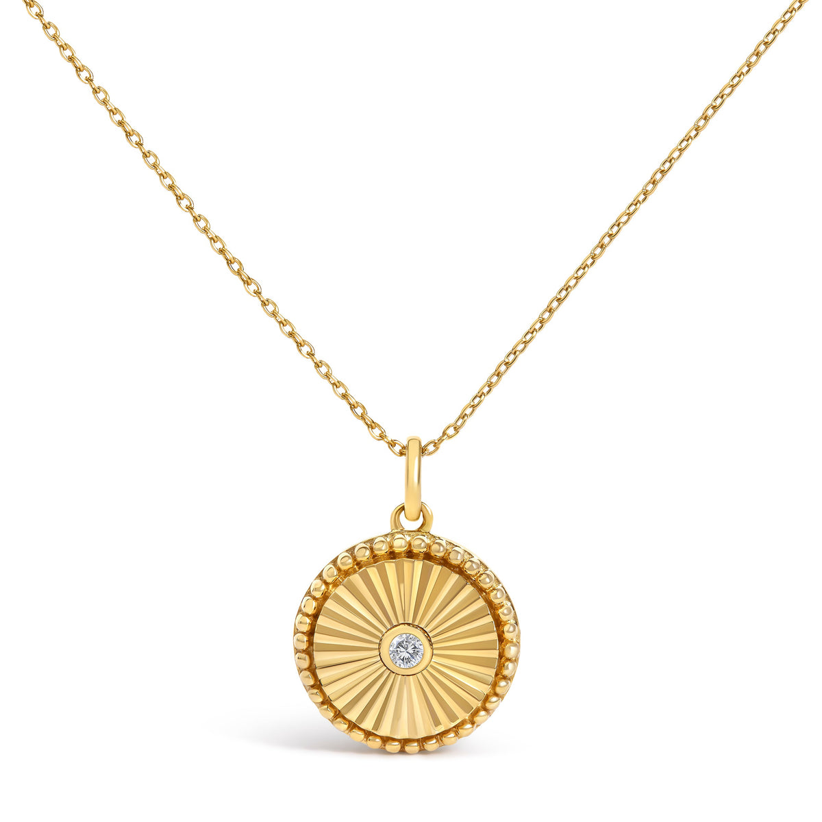 14K Yellow Gold Diamond Accent Circle Fluted Medallion Pendant Necklace