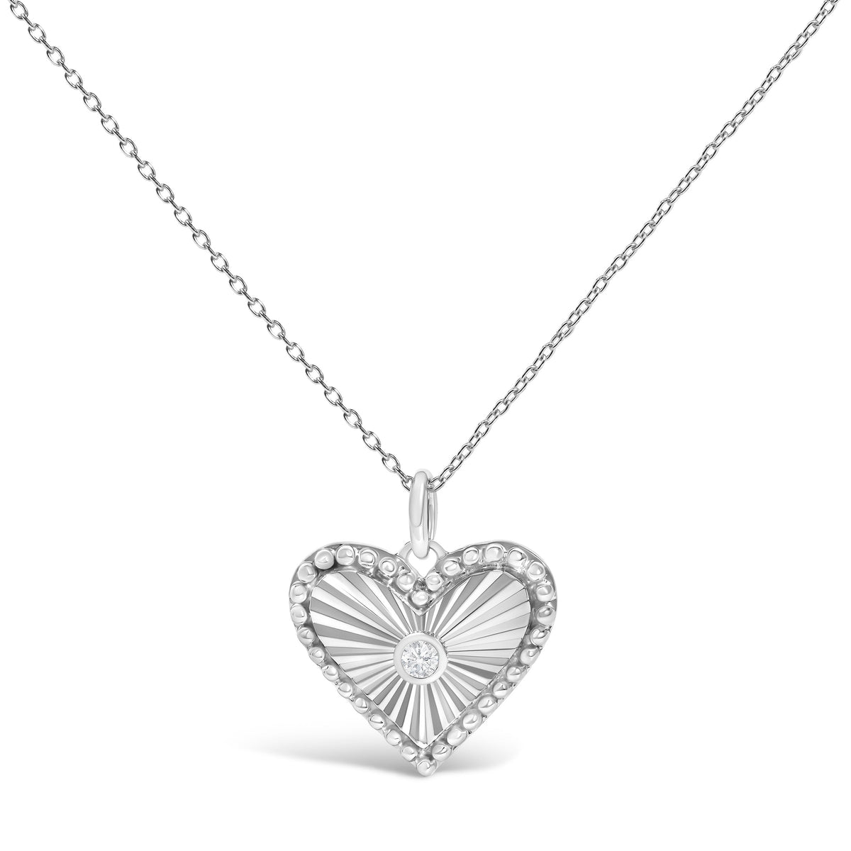 10K White Gold Diamond Accent Heart Fluted Medallion Pendant Necklace